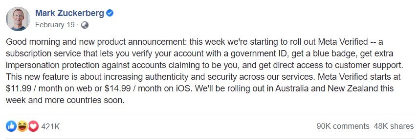 Mark Zuckerberg announcement about meta verified