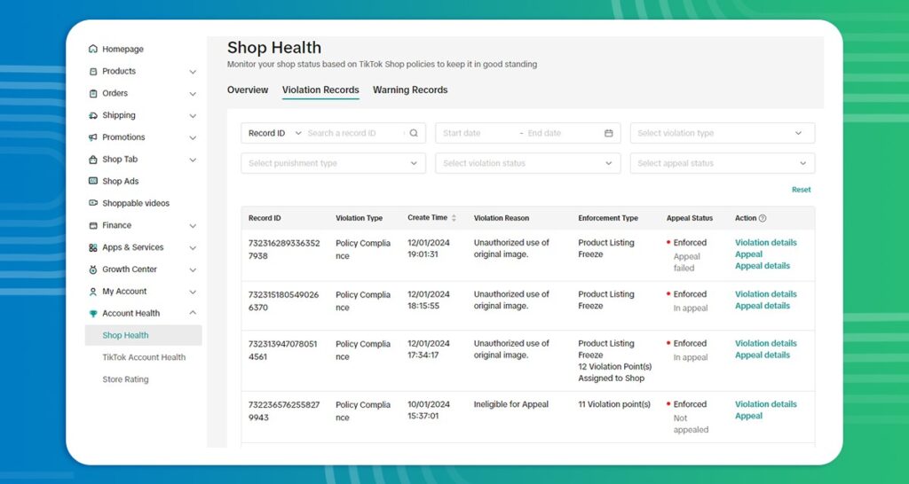 TikTok Shop Violation Records